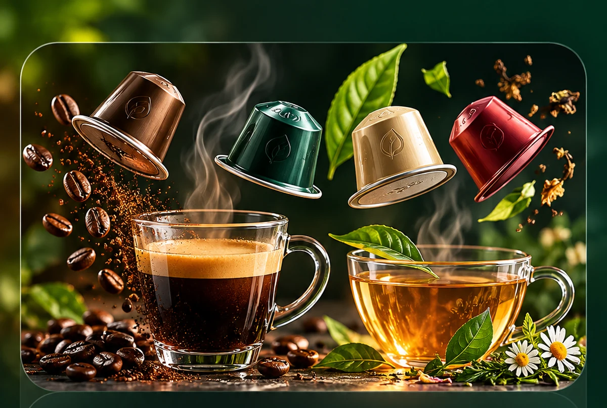 Illustrative Coffee und Tea Szene mit Espresso, Tee, feinem Dampf und Kapseln. Es sind keine ALEONN Produktverpackungen abgebildet.