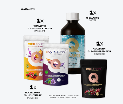 Original Packungsübersicht der Q Vital Box mit Q Balance Water, VITALEONN Q, NOCTALEONN Q und COLLEONN Q