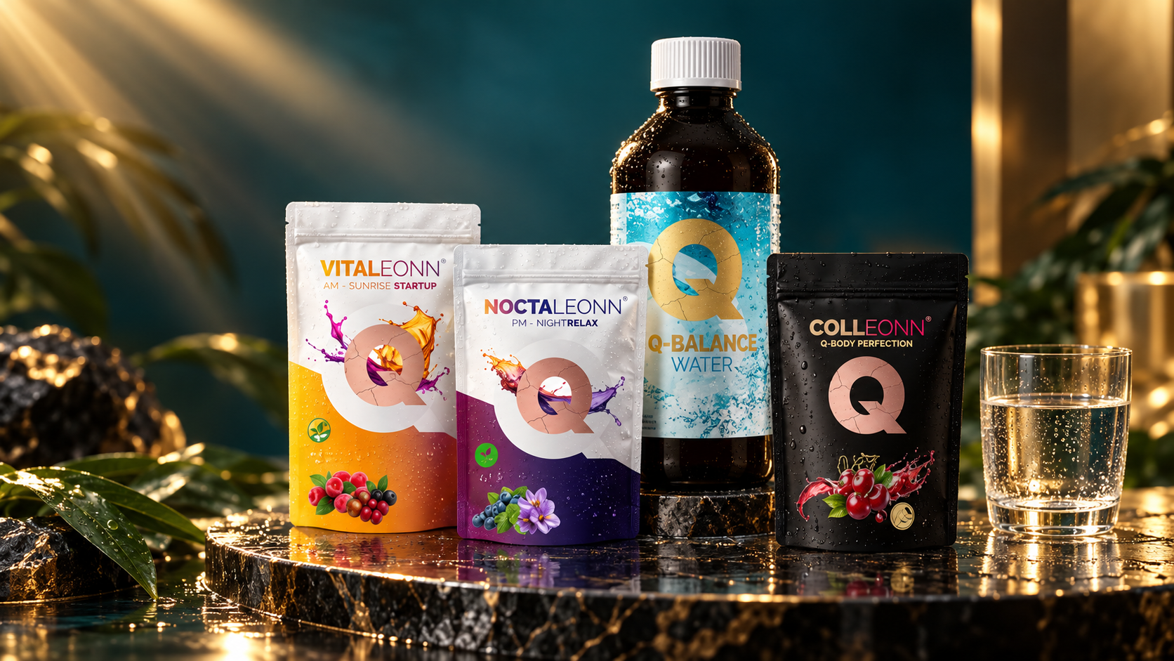 Q Vital Box mit Q Balance Water, VITALEONN Q, NOCTALEONN Q und COLLEONN Q in ihren Produktformaten