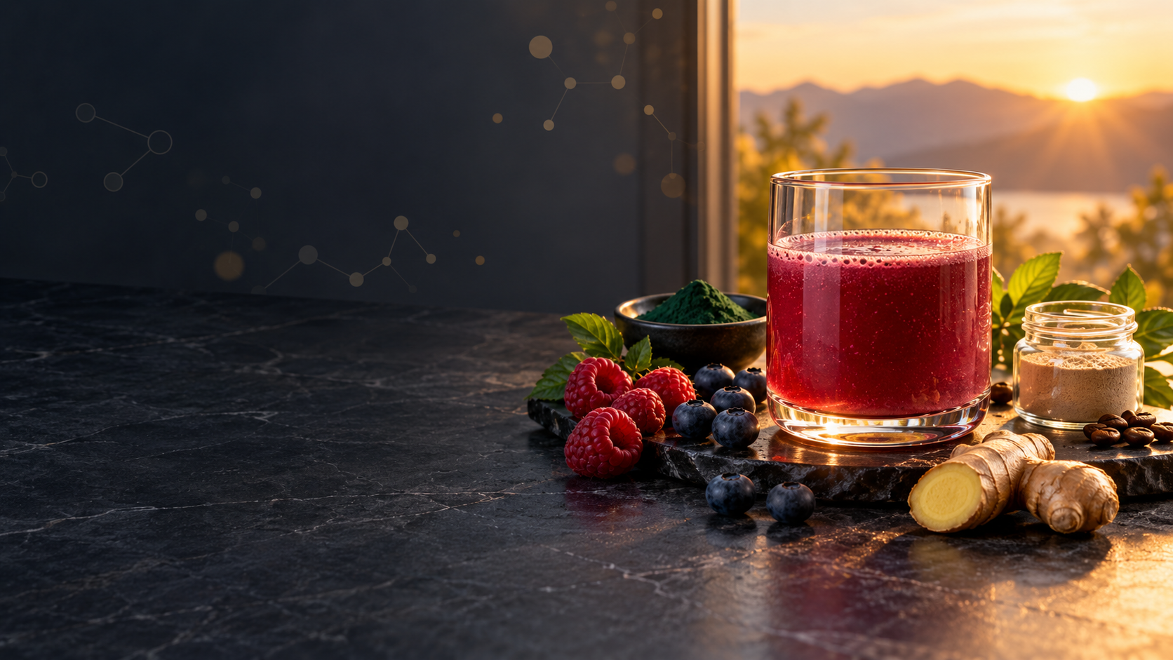 Illustrative Darstellung eines Morgengetränks mit Beeren, Ingwer, Spirulina und Sonnenaufgang